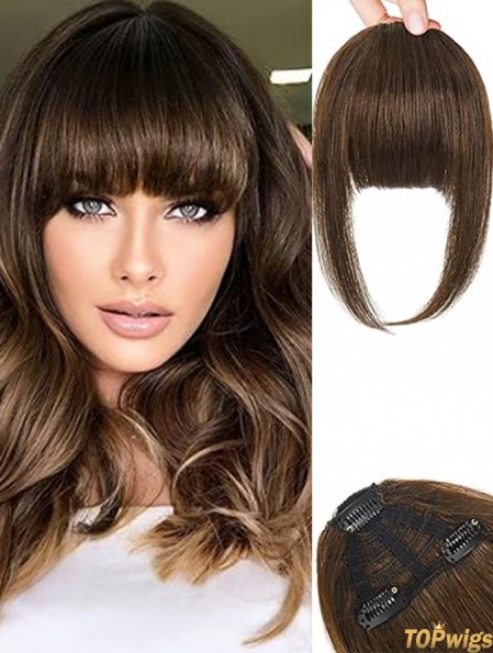 Clip in Bangs 100% Human Hair 3 Secure Clips in Full Blunt Cut Bangs Clip in Hair Extensions, Brown Fake Bangs Fringe with Temples Hairpieces for Women Daily Wear