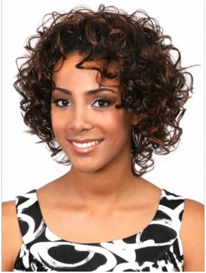 Curly Brazilian Remy Hair Brown Chin Length Sassy 3/4 Wigs