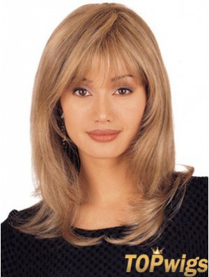 Straight Human Hair Lace Wigs Shoulder Length Blonde Color Layered Cut