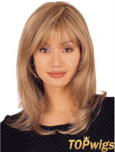 Straight Human Hair Lace Wigs Shoulder Length Blonde Color Layered Cut