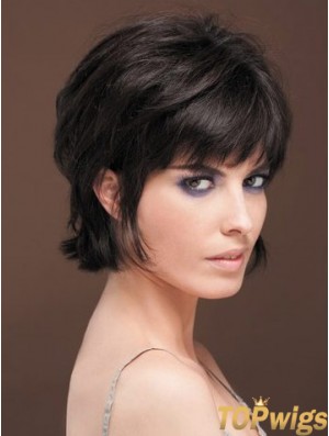 Naturally Straight Human Hair Wig With Bangs Capless Short Length Black Color