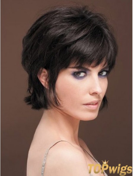 Naturally Straight Human Hair Wig With Bangs Capless Short Length Black Color