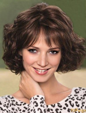 Lace Wig With Bangs Wavy Style Chin Length Brown Color