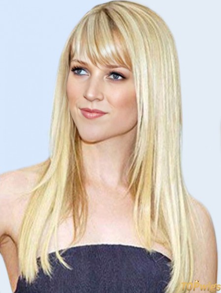 Blonde Remy Human Long Straight With Bangs Mono Wigs Human Hair