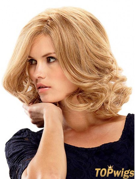 Human Hair Blend Lace Front Wigs Layered Cut Wavy Style Shoulder Length