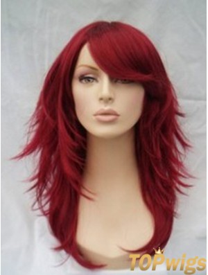 Red Human Hair Wigs Full Wig With Bangs Wavy Style Shoulder Length