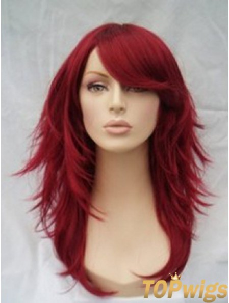 Red Human Hair Wigs Full Wig With Bangs Wavy Style Shoulder Length