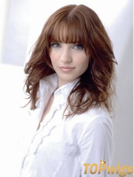 Wavy Human Hair Wig Medium Auburn Color Shoulder Length With Bangs