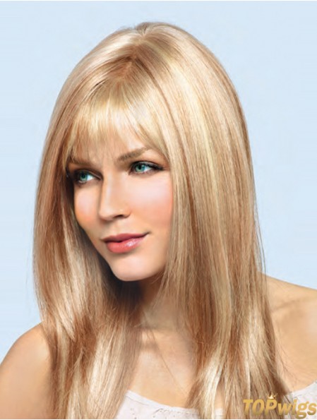 16 inch Blonde Remy Human Straight With Bangs Hand Tied Lace Wigs