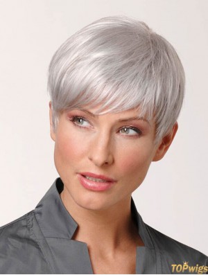 Grey Human Real Hair Wigs Short Hand Tied Cropped 