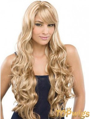 Long 100% Hand Tied Wavy With Bangs Monofilament Lace Front Wigs