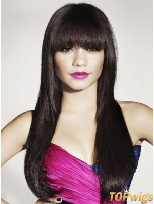 Black Human Hair With Bangs Long Length Straight Style