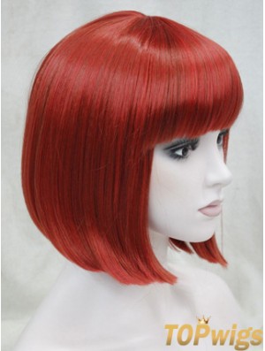 Human Hair Lace Front Wig Chin Length With Bangs Red Color