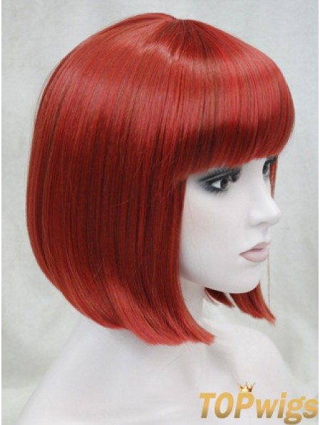 Human Hair Lace Front Wig Chin Length With Bangs Red Color