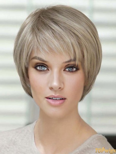 Blonde Short Straight With Bangs Monofilament Wigs