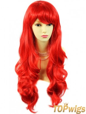 Human Hair Wigs Red With Bangs Capless Wavy Style Long Length