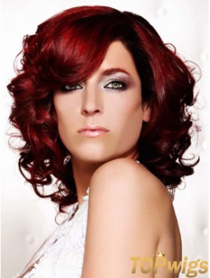 Curly With Bangs Shoulder Length Red Ideal Lace Front Wigs