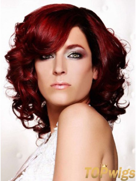 Curly With Bangs Shoulder Length Red Ideal Lace Front Wigs