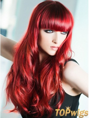 Capless Wavy 22 inch With Bangs Long Red Human Hair