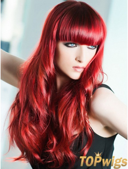 Capless Wavy 22 inch With Bangs Long Red Human Hair