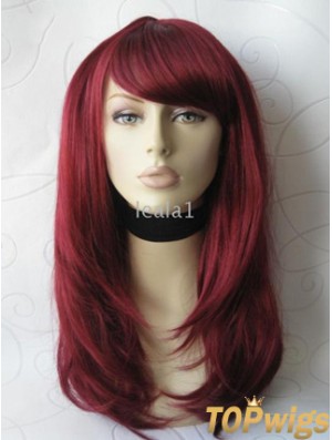 Front Lace Wig With Bangs Long Length Straight Style Red Color