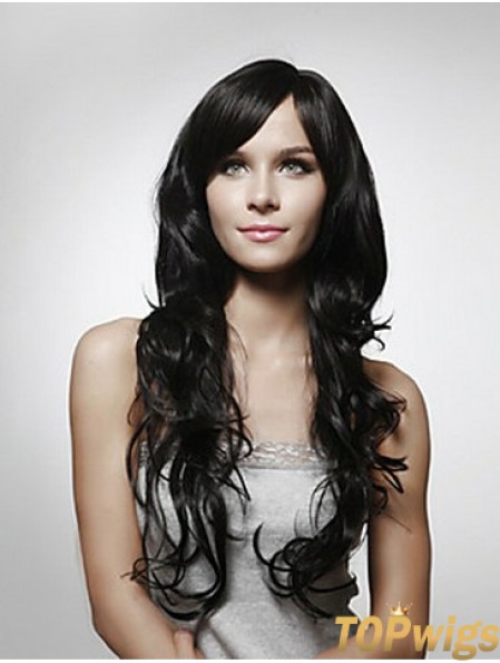 Long Curly Human Hair Wigs Layered Cut Black Color