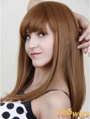 With Bangs Stylish Straight Auburn Long Human Hair Wigs