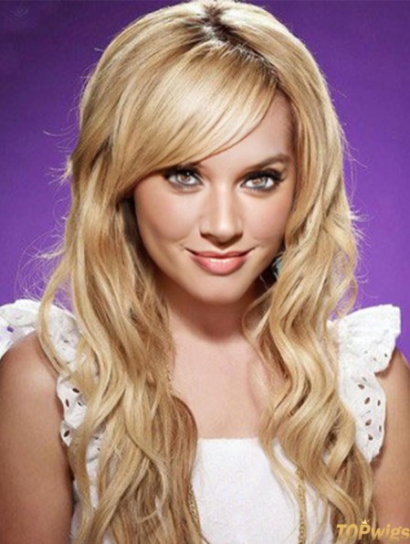 With Bangs Top Wavy Blonde Long Human Hair Lace Front Wigs