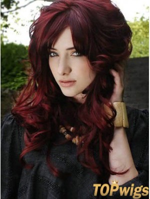 Lace Frontal With Bangs Long Length Red Color Wavy Style