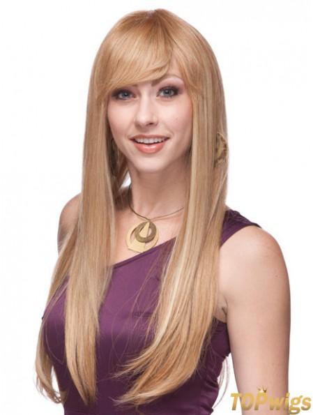 Straight With Bangs Monofilament Blonde Top Long Wigs