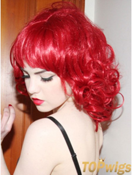 Curly With Bangs Shoulder Length Red Convenient Lace Front Wigs