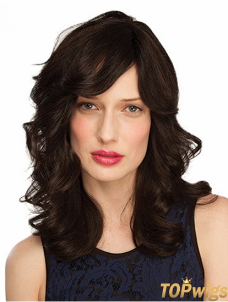 Monofilament Wavy With Bangs Shoulder Length 14 inch Good Human Hair Wigs