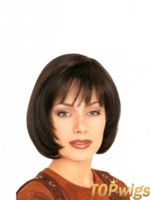 With Bangs Durable Straight Brown Chin Length Human Hair Wigs