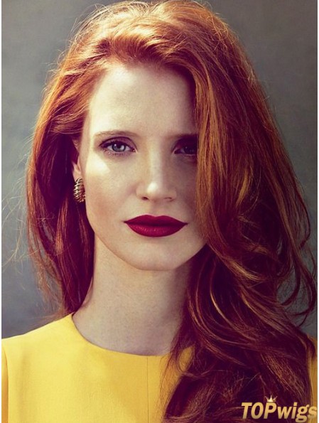 Without Bangs Long Copper Wavy 18 inch Designed Human Hair Jessica Chastain Wigs