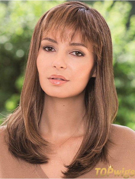 16 inch Brown Shoulder Length With Bangs Straight Stylish Lace Wigs