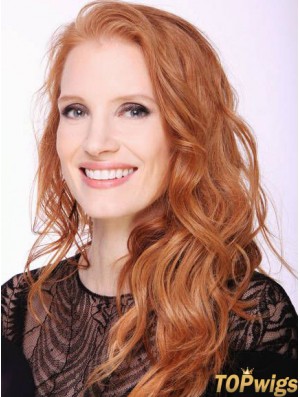 Without Bangs Long Copper Wavy 20 inch Top Human Hair Jessica Chastain Wigs