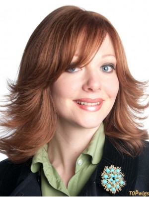 With Bangs Shoulder Length Auburn Wavy Designed Petite Wigs