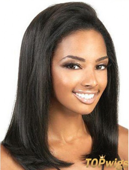 Cheap Human Hair Lace Front Wigs Yaki Style Shoulder Length Black Color