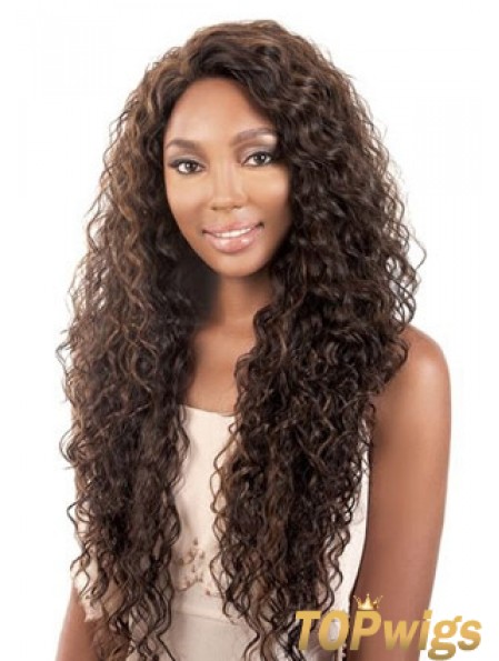 Long Brown Kinky Without Bangs Durable African American Wigs