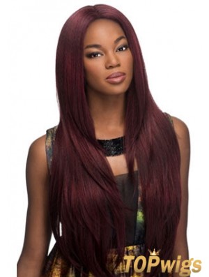 Suitable Red Long Without Bangs Yaki Glueless Lace Front Wigs