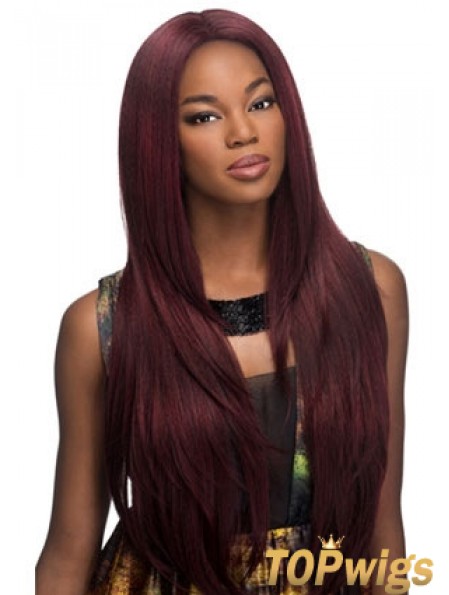 Suitable Red Long Without Bangs Yaki Glueless Lace Front Wigs