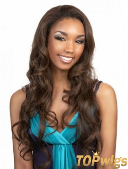 Long Brown Wavy Without Bangs Flexibility African American Wigs