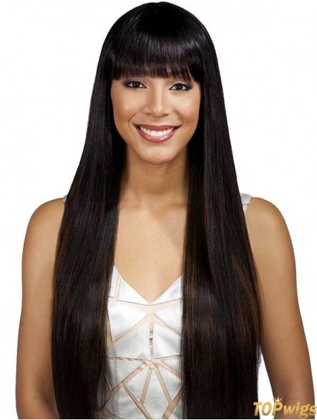 Long Black With Bangs Yaki Fashionable Full Lace Wigs