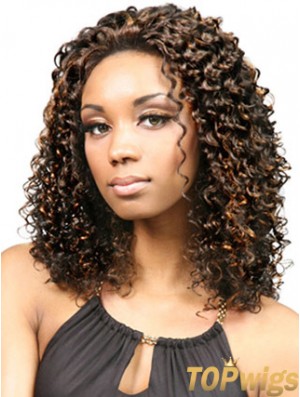 Durable Shoulder Length Kinky 18 inch Synthetic Glueless Lace Front Wigs