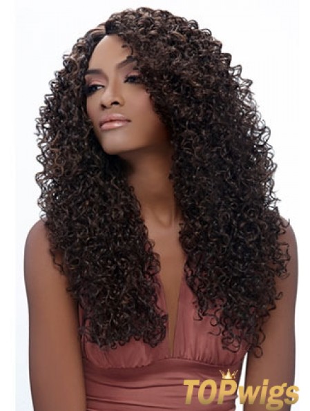 Long Brown Kinky Without Bangs No-Fuss African American Wigs