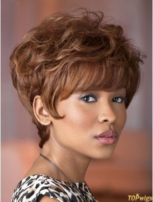 Short Brown Wavy With Bangs Suitable African American Wigs