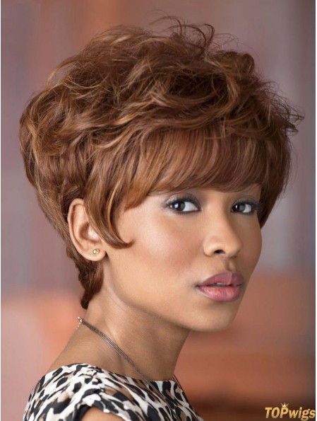 Short Brown Wavy With Bangs Suitable African American Wigs