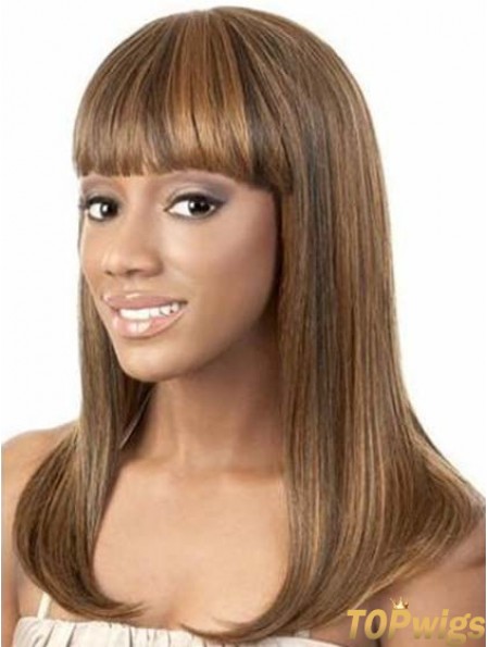 Shoulder Length Brown Yaki With Bangs Trendy African American Wigs