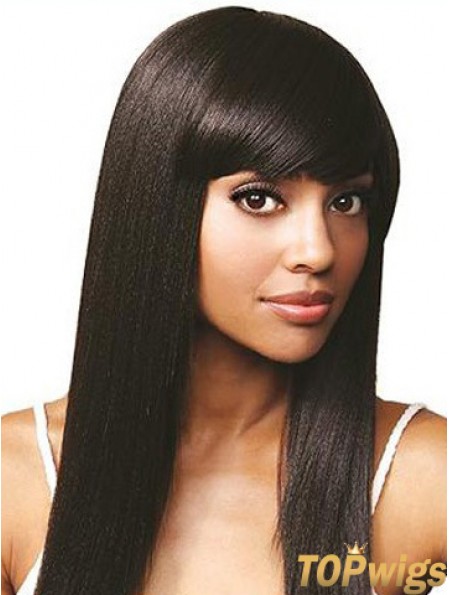 With Bangs Online Straight Black Long Human Hair Lace Front Wigs