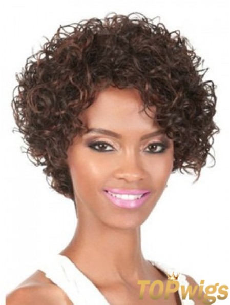 Chin Length Brown Curly With Bangs Natural African American Wigs